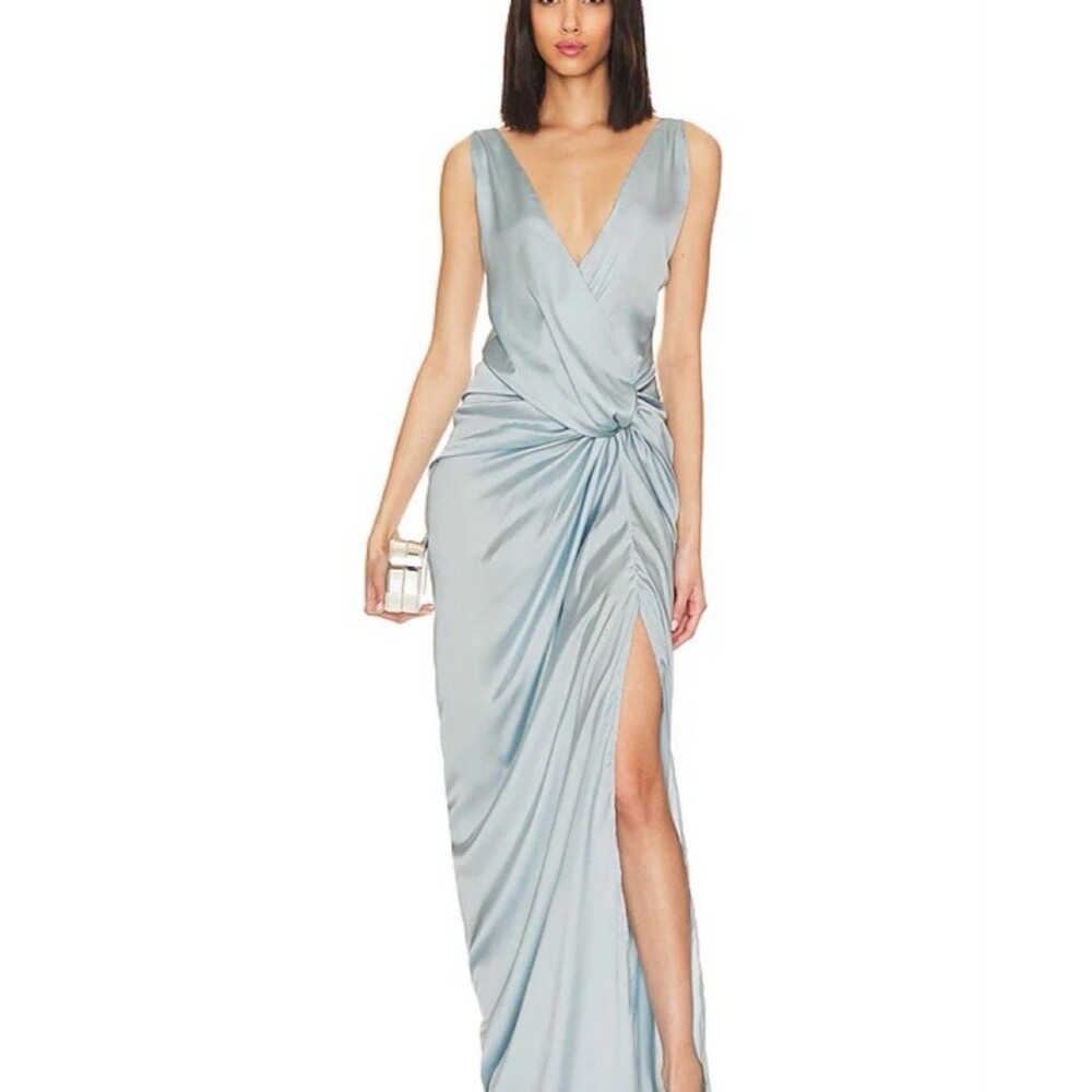 NWT Baobab 'Liz' Ice Blue Satin Dress-Open Back -Deep V-High Slit- Size Med